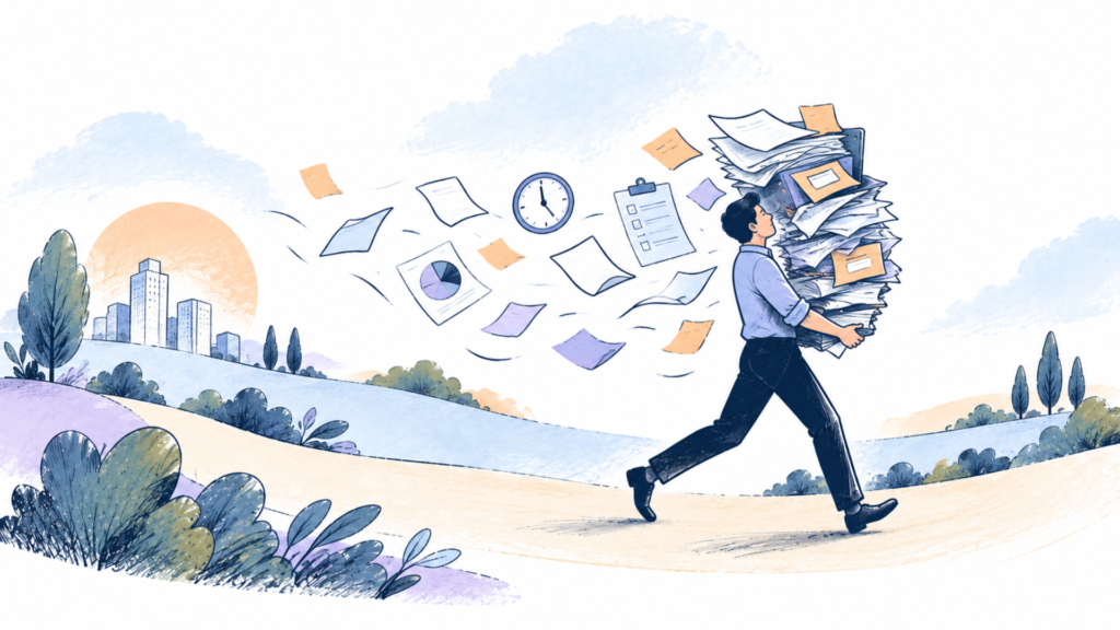 Illustration of a professional carrying a growing stack of work while moving along a path