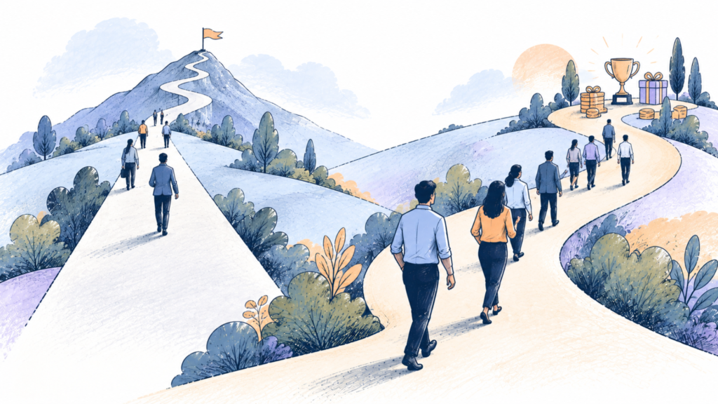 Illustration of people choosing a reward-driven path over a strategic path